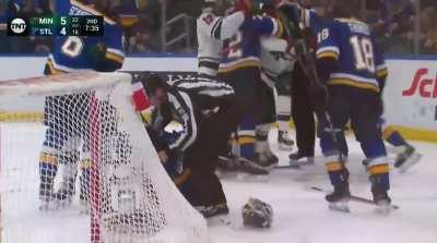 Binnington throws a blocker blow to Hartman's head after letting in the 5th goal of the game, Fleury tries to join in on the fun. Binnington was assessed a 5 minute match penalty