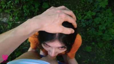 Lovely girl throat fucked in the bush