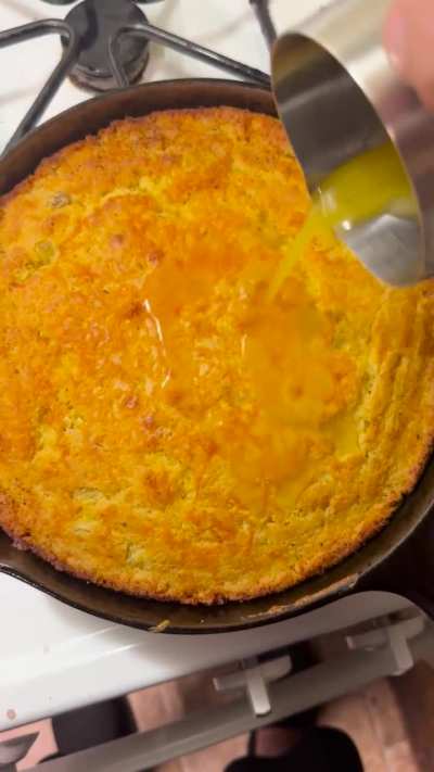 Green chili cheddar cornbread with honey butter made with local honey. Cooked in my polished 50’s Lodge 3 notch.