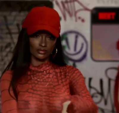 Marilyn Melo sheer red outfit slowed down.