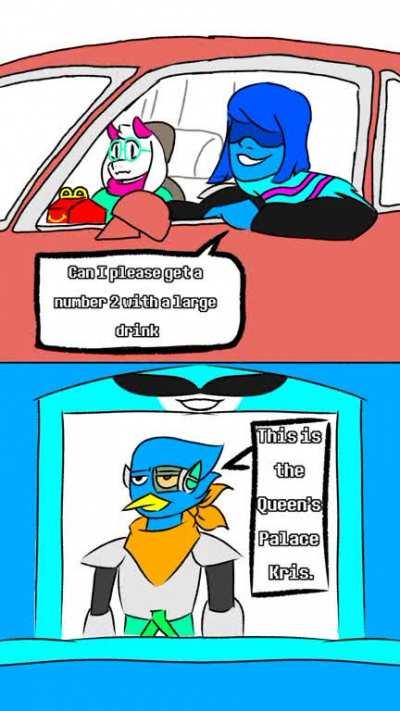 Ralsei enjoying his happy meal while Kris tries to convince Berdly to go through Burger King