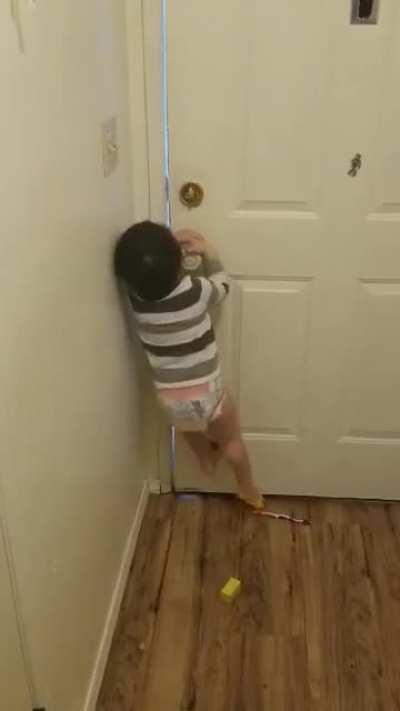 Not even 2 yet but can unlock/open the door. There goes sleep for the next 16 years. Those knob covers are supposed to be top of the line childproof.