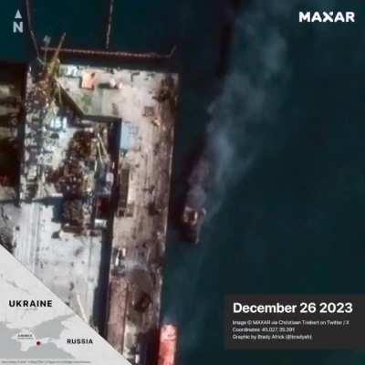 Satellite images depicting the aftermath of the strike on the Russian military landing ship Novocherkassk.