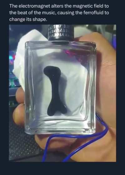 The electromagnet alters the magnetic field to the beat of the music, causing the ferrofluid to change its shape.