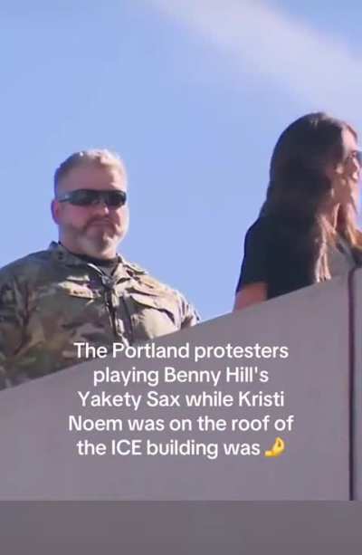 Portland protestors playing Benny Hill theme song for Kristi Noem and ICE showing them what a joke they are