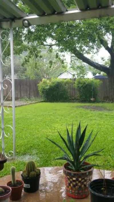 Peaceful rain in North Texas. Back porch, rain hitting the metal gutter.