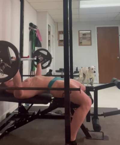 [F] For the person who asked to see me bench topless 😊