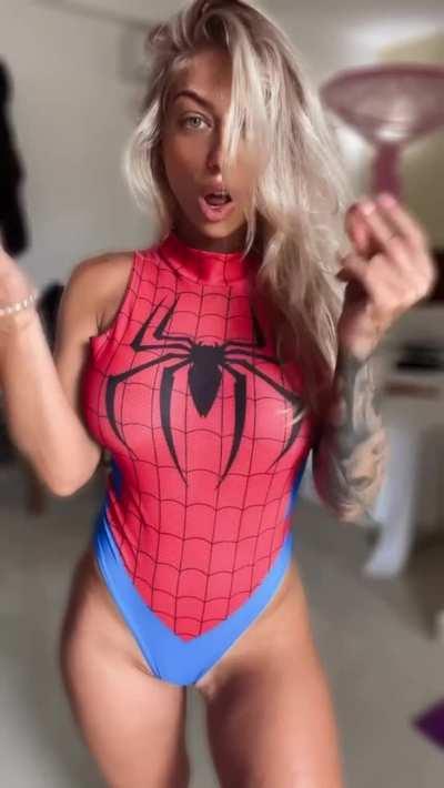 HOT Blonde Cosplay SpiderWomen Big Tits Reveal