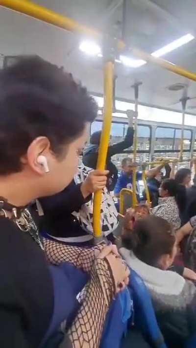Christian woman harasses a man for wearing a skirt and makeup while riding a bus in Bogot&aacute;, Colombia 