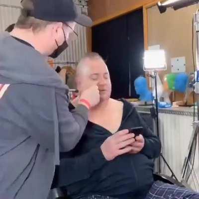 Bts of Brendan Fraser getting ready for The Whale (2022), (Academy Award winner for Best Makeup and Hairstyling)