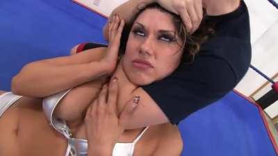 Antoinette tries to cover her tits while being put to sleep with a sleeper hold