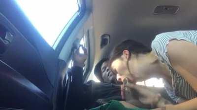 Sucking that big fat cock on the backseat