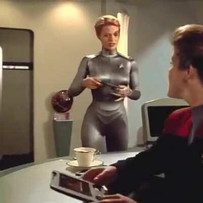 Star Trek Voyager S04E03 Jeri Ryan as Seven of Nine (Perfect body Silver suit) [cropped, sharpen, brightened, color corrected] 480p