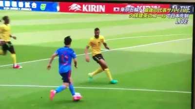 A Japanese soccer player nutmegged(ball passing between the legs) four players to score a goal.