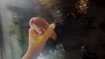 My submissive friend shot a beautiful thick load all over my forearm and leg during his first glory hole. [OC]