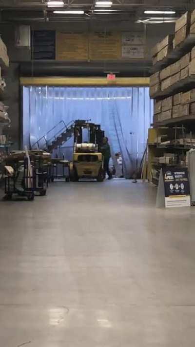 Ladder was stuck under door so he tipped it over. Lucky it didn’t land on him.