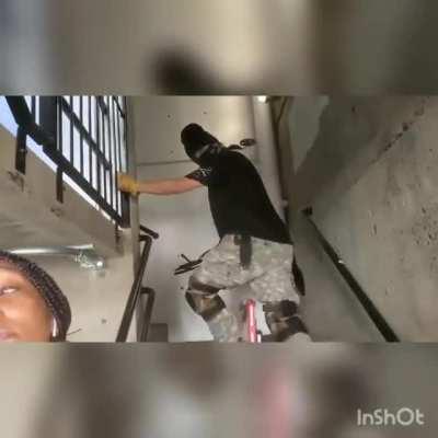 Proud Boy tries to keep family from getting to their car at a parking garage.