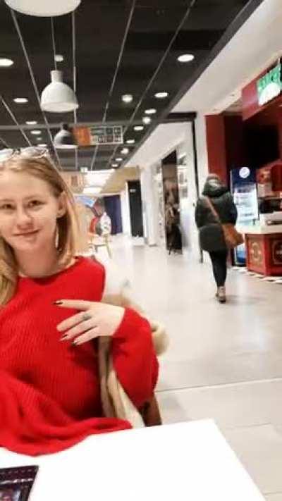 In the mall, as it happens in such places. People do all sorts of things, and I just show my huge boobs here. Heh
