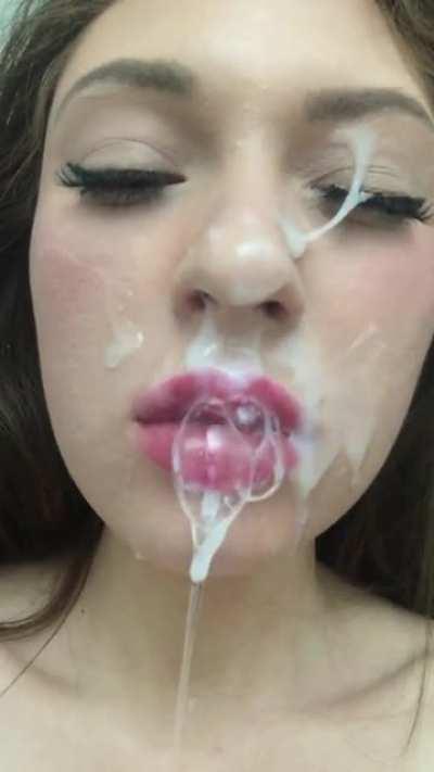 Showing off my messy reward after sucking cock ;)