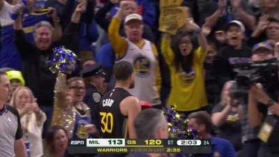 [Highlight] Curry hits a ridiculous 29 footer to put the Warriors up 7 in OT!