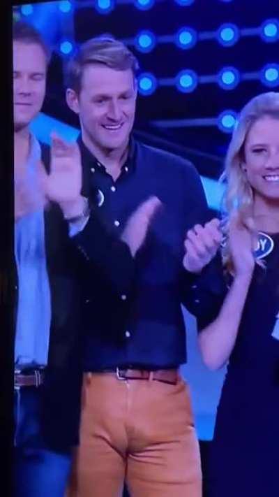 Ben notices how tight his pants are tonight on Family Feud