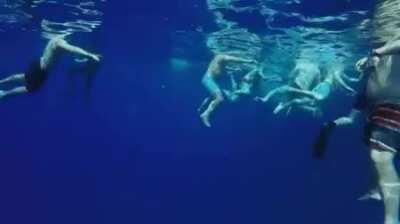 Off the side of an aircraft carrier in the middle of the ocean