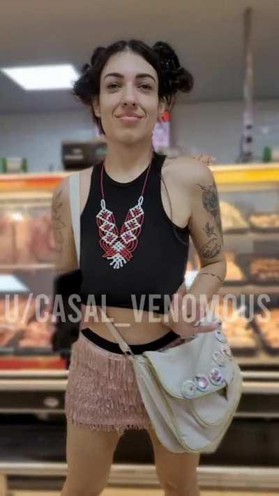 [GIF] Flashing my tits in the butcher's shop.