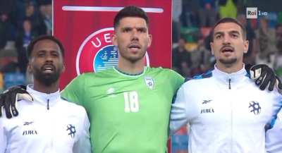 Whistles from the Italian spectators almost drown out Israel's anthem, despite the stadium being 80% empty for safety reasons