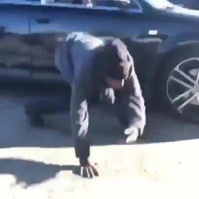 Crack head guy does the spin move on female crack head