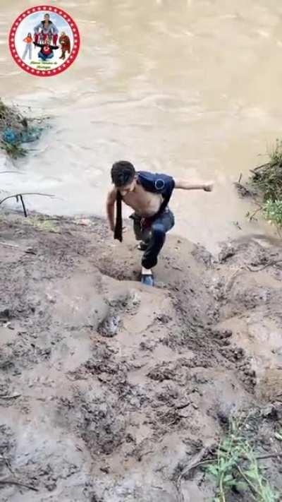 To climb a muddy hill without using hands