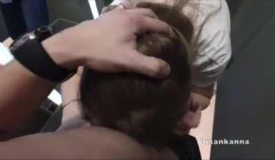 Long but (almost) silent throatpie in a public mall booth