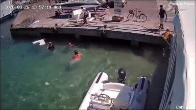 Woman is thrown through the air - explosion on motorboat
