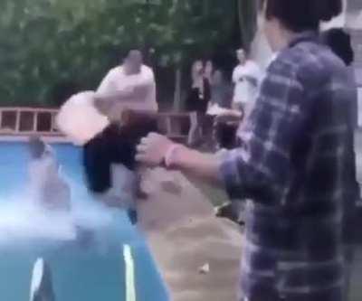 To push this guy into the pool.