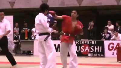 ONE interim FW kickboxing champion Masaaki Noiri scoring a KO during his Shin Karate days. Shin Karate is an offshoot of Kyokushin Karate where practicioners wear boxing gloves and punches to the head are allowed