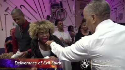 This guy just abusing someone who is clearly mentally ill and acting like he’s healing her