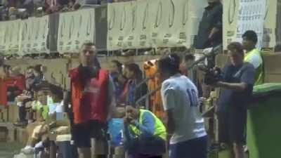 Main Character walks through Samoan flyhalf Cassie Siataga taking a kick at goal.