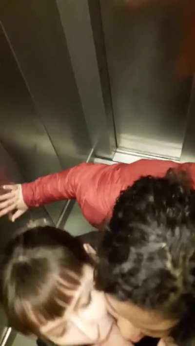 Elevator threesome blowjob!