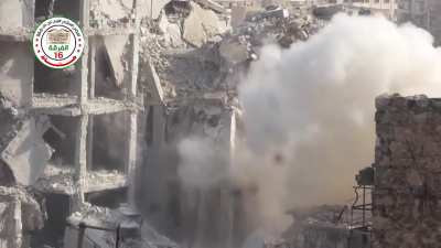 FSA 16th Division fighters using an improvised cannon to lob shells at Syrian Army positions - Aleppo - 10/29/2014