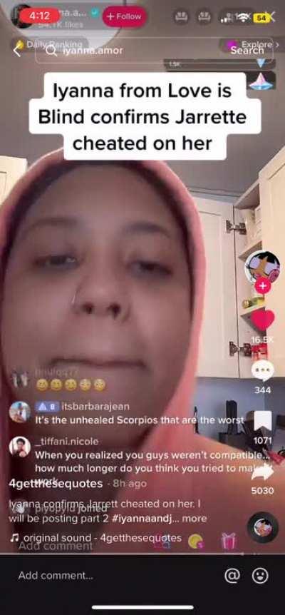 Iyanna confirming that Jarrette cheated on her on live..
