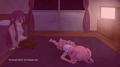 Natsuki has a nice sleepover at Yuri's house. [flashing lights]