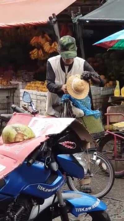 This Grandpa in the Philippines making sure his doggo doesn't get wet on the way home