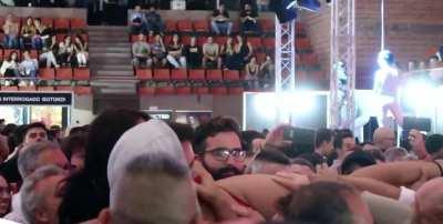 Stagediving stripper gets groped by the crowd