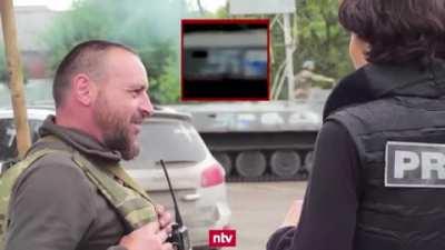 UA POV: During an interview, a normal ukrainin tank rolls by.