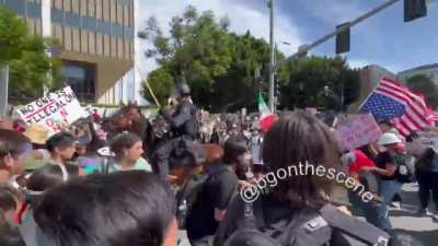 A police horse charges through the crowd in downtown Los Angeles