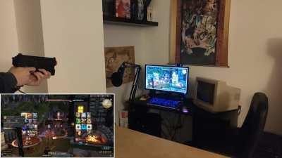 I see you playing DNC by literally dancing, so here am I playing MCH by shooting on my screen with a light gun!