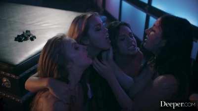 Angela jerking his cock off all over her 3 hot friends, she obviously needs a taste herself though