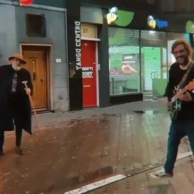 Old dude vibing with jam dude