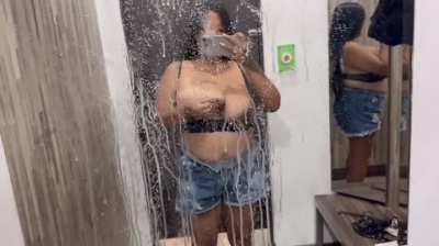 getting up to no good trying on new bras