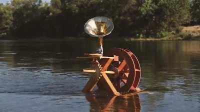 River-powered phonograph. Redwood and pine. Sounds horrific (OC)