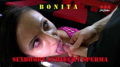 Bonita bombshell swallows cum